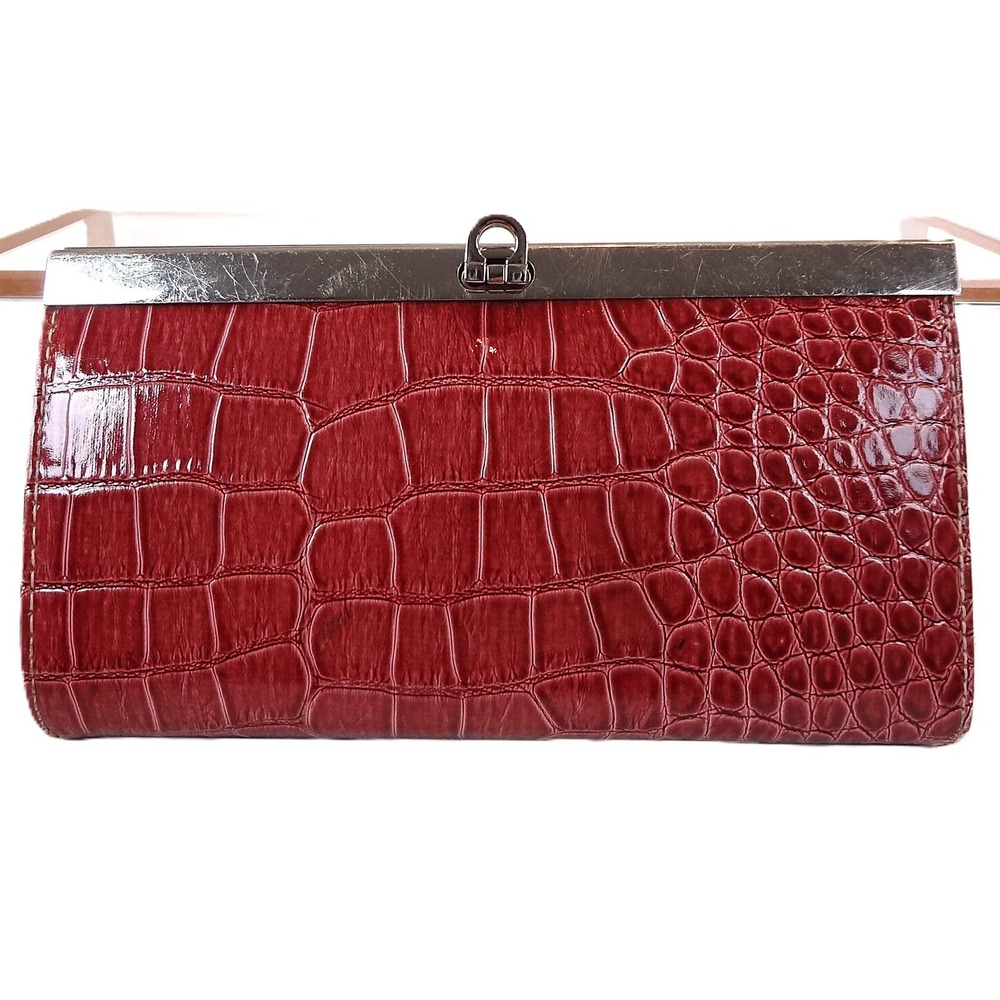 Red Croc Embossed Clutch Wallet‎ Kiss Lock Bifold Organizer Pouch